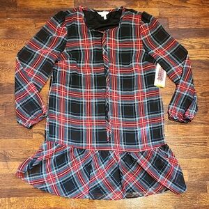 NWT Draper James Tie Neck Flouce Red Black Plaid Long Sleeve Drpp Waist Dress M